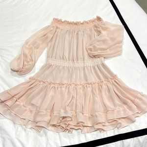 Misa blush off the shoulder chiffon mini dress